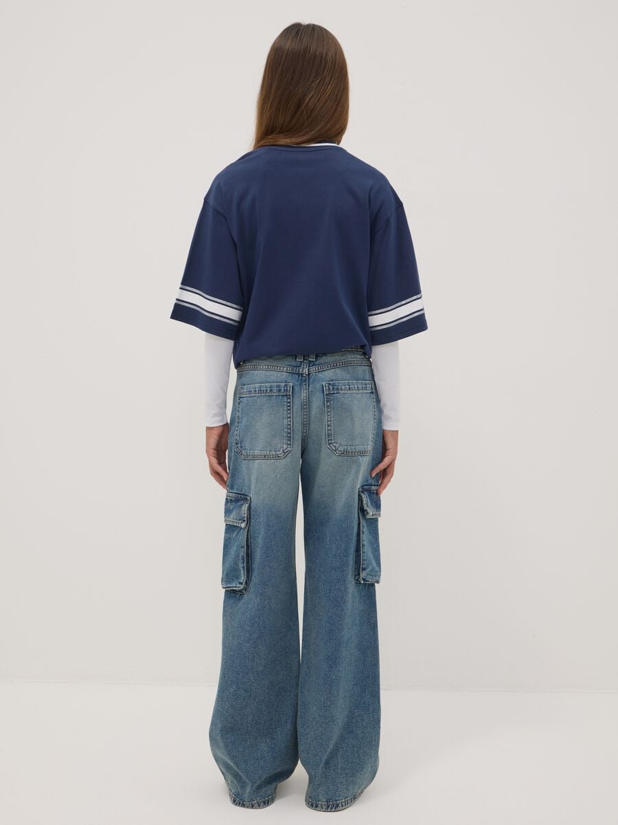 Blue pure cotton denim cargo jeans, relaxed fit for girls_2