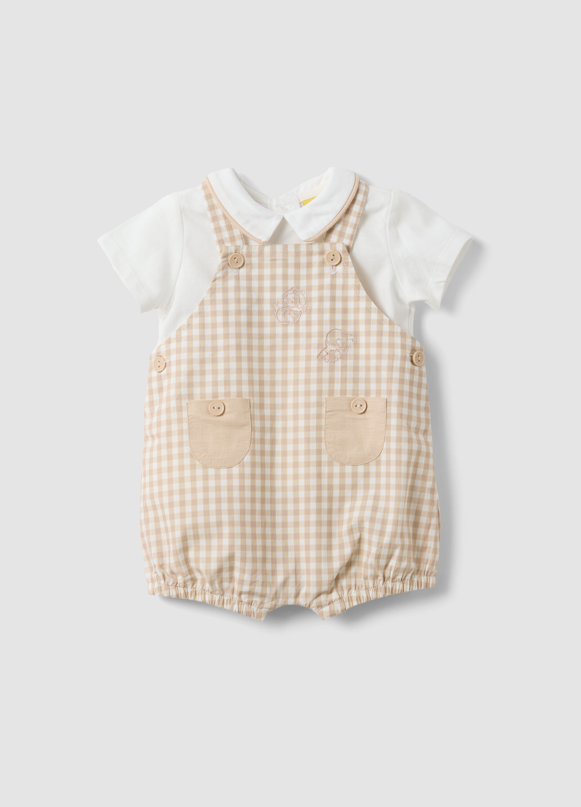 Beige organic cotton set with T-shirt and short dungarees