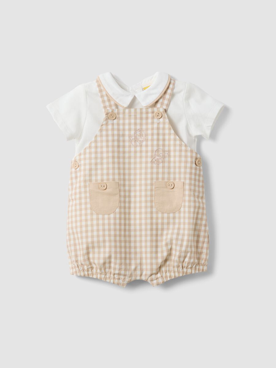 Beige organic cotton set with T-shirt and short dungarees_0