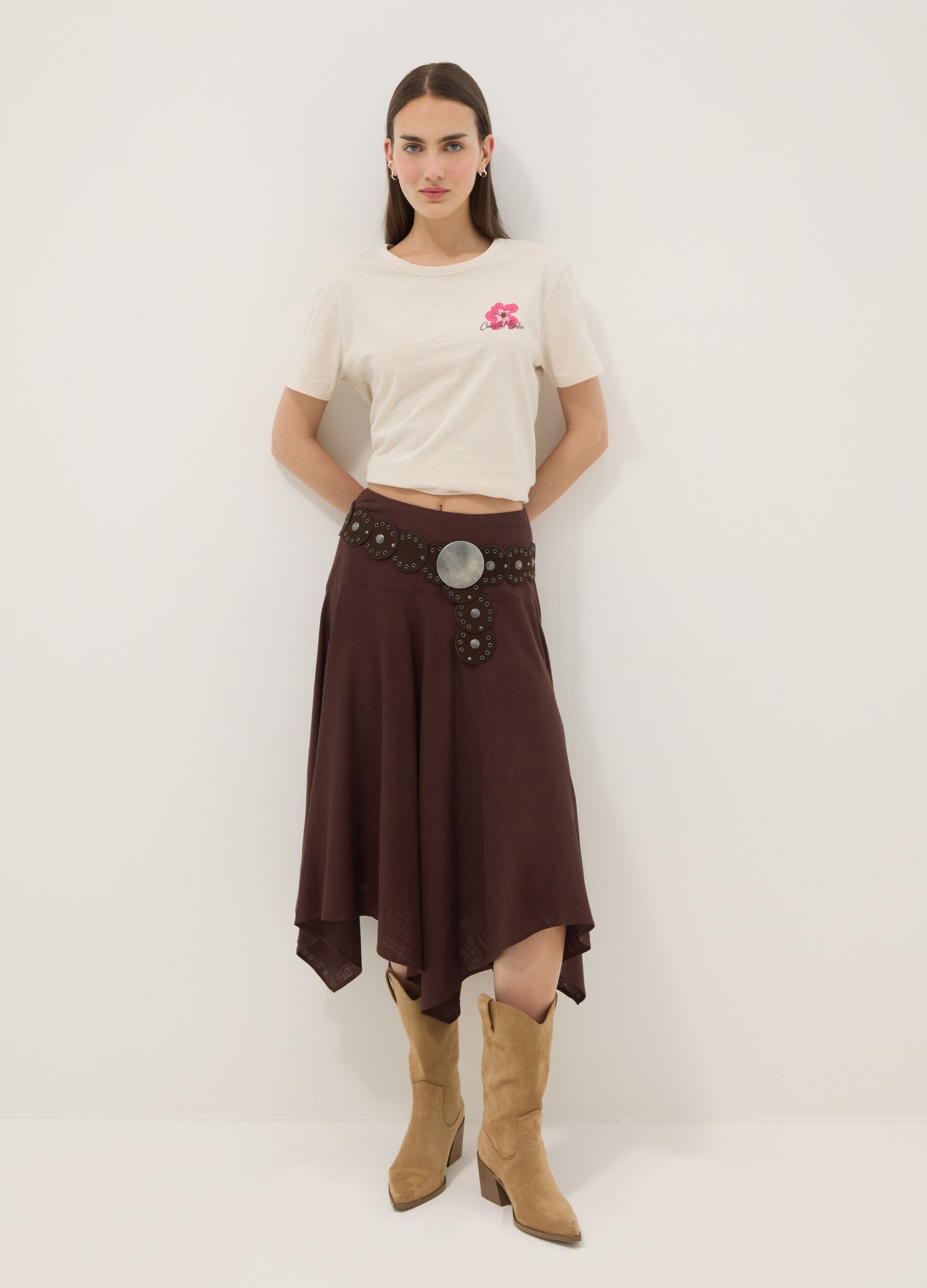 Beiges T-Shirt aus reiner Baumwolle im Relaxed Fit mit Blumenprint