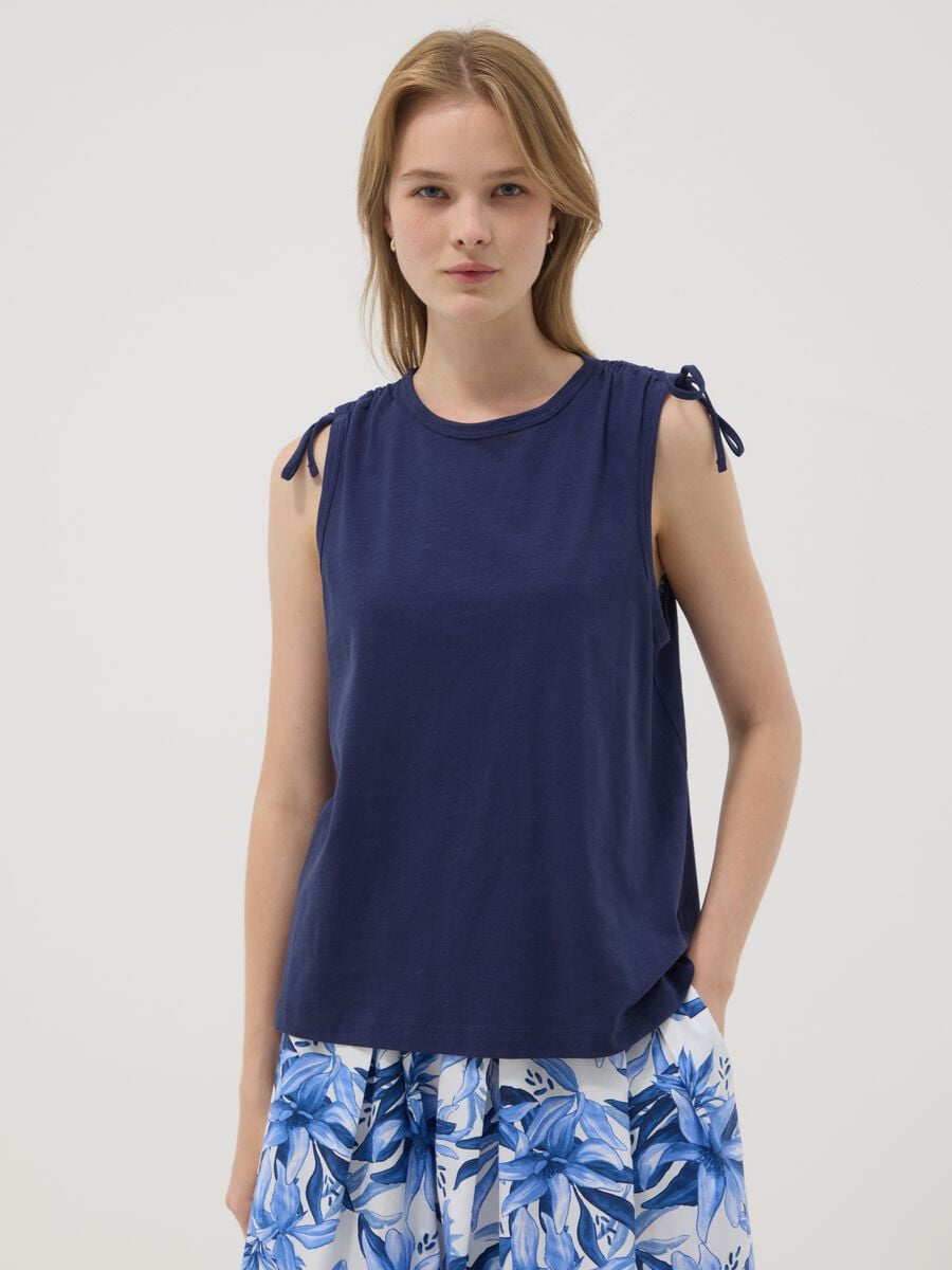 Blue pure cotton tank top with shoulder ties_1