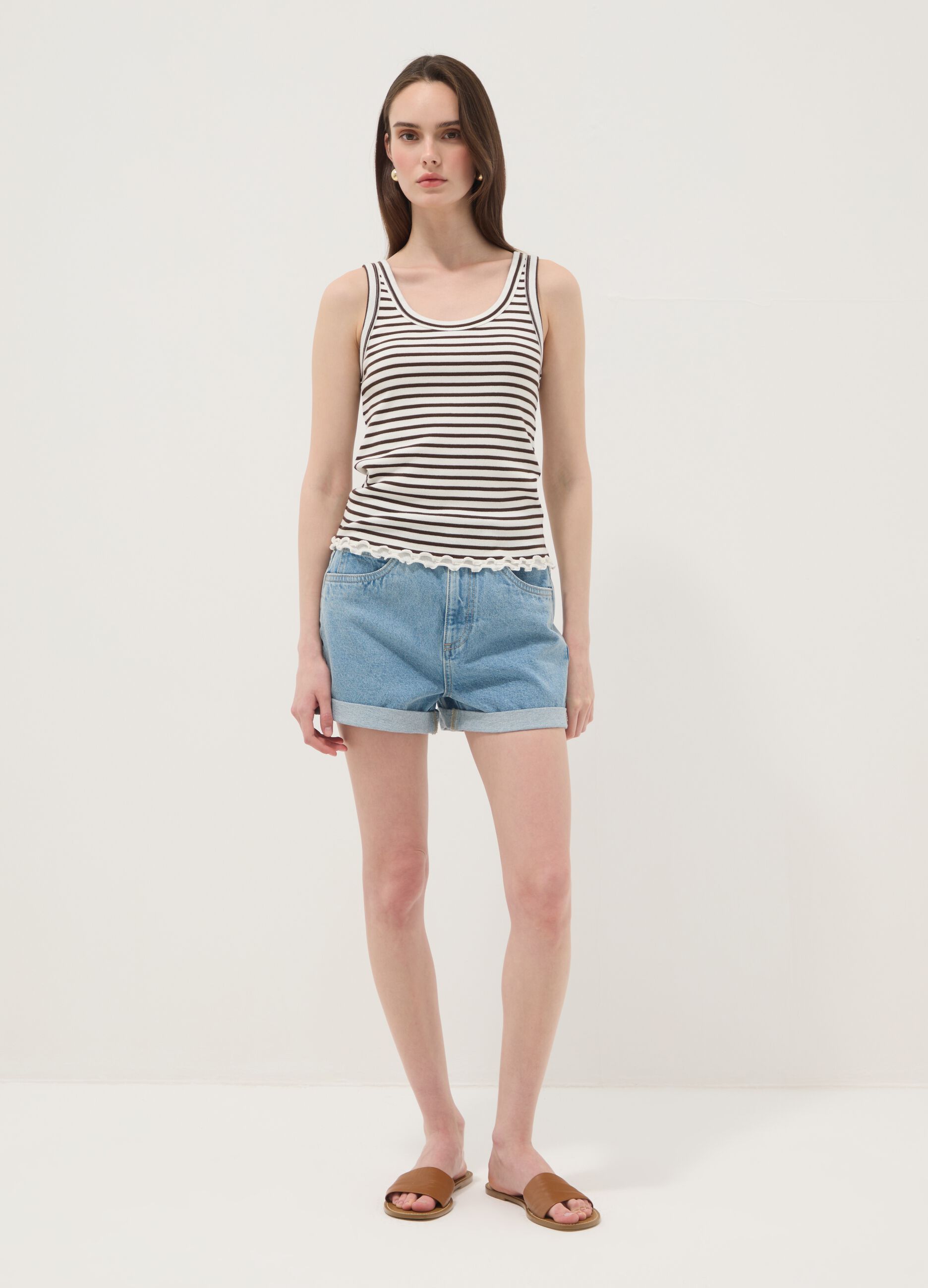 Brown striped pure cotton regular-fit tank top