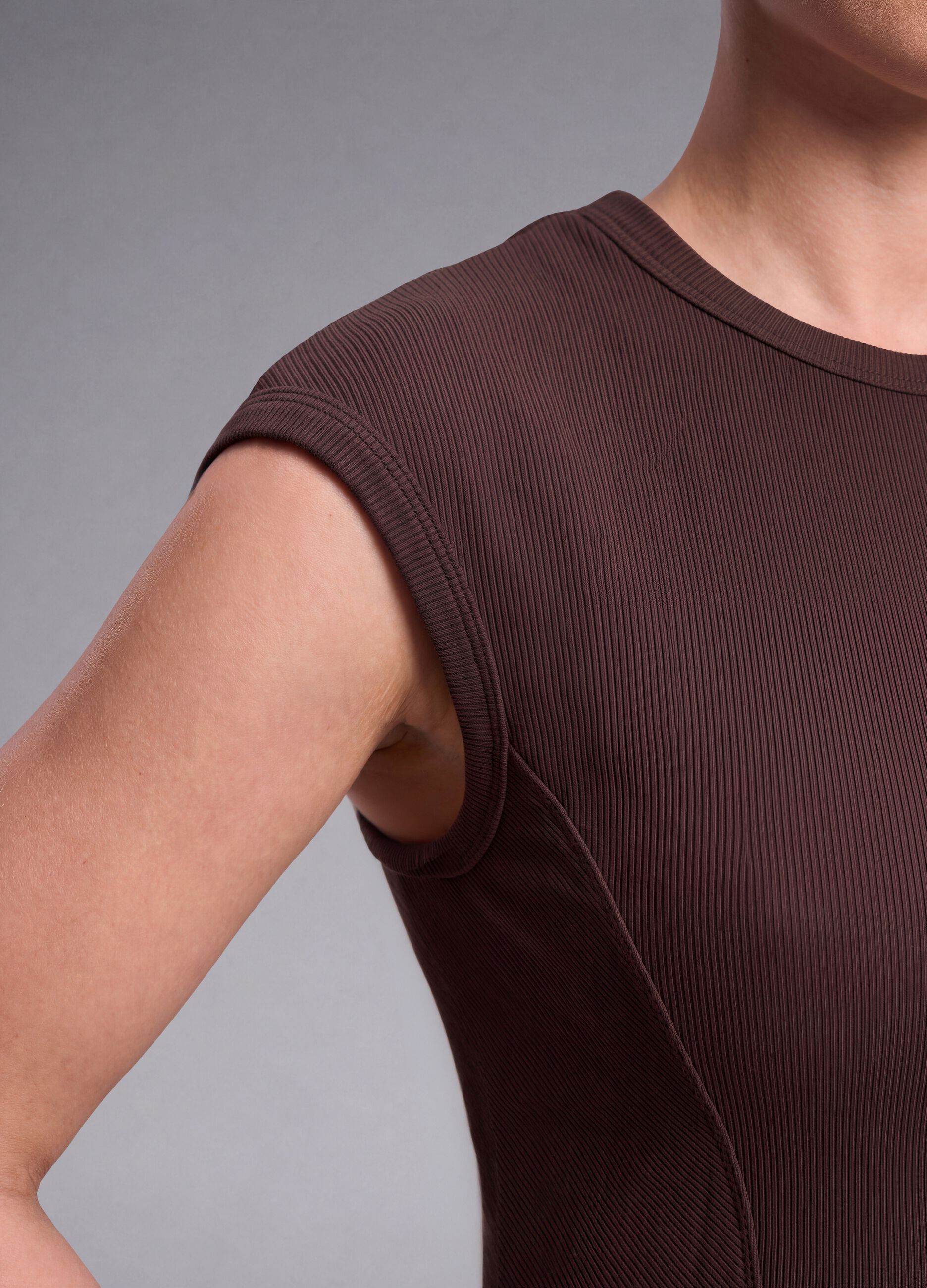 Brown ribbed stretch modal crew-neck top