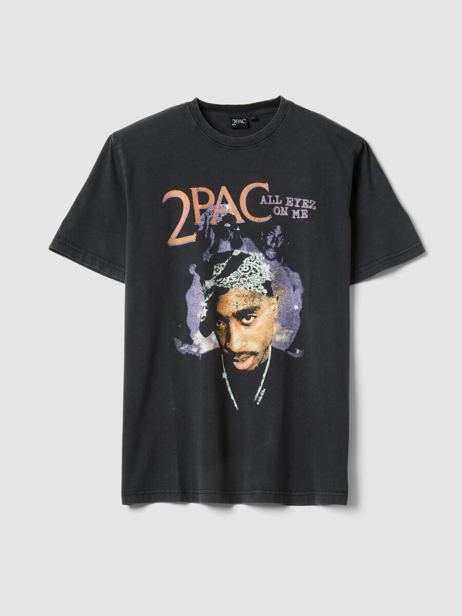 Schwarzes T-Shirt aus reiner Baumwolle mit 2Pac-Print, Relaxed Fit_0
