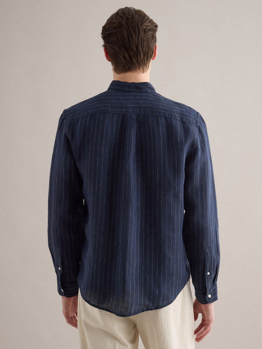 Blue stripe regular fit pure linen shirt_3