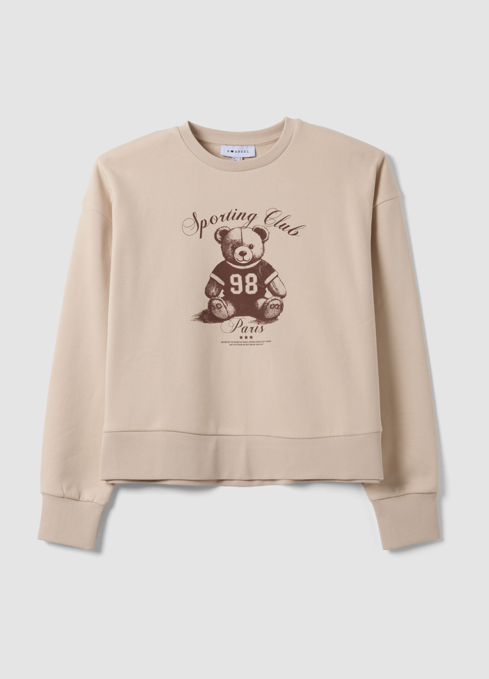 Beige cotton-blend crew-neck sweatshirt with teddy print