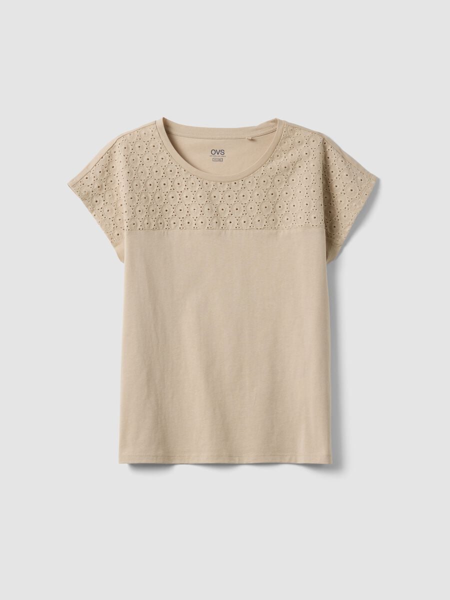 Beige pure cotton T-shirt with broderie anglaise_0