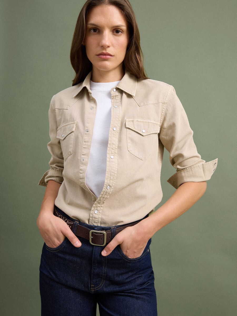 Beige pure cotton shirt with snap buttons, regular fit_0