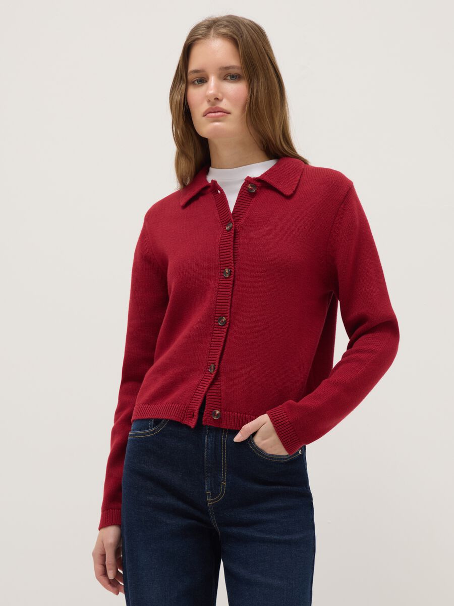Red polo neck cardigan in pure cotton regular fit_0