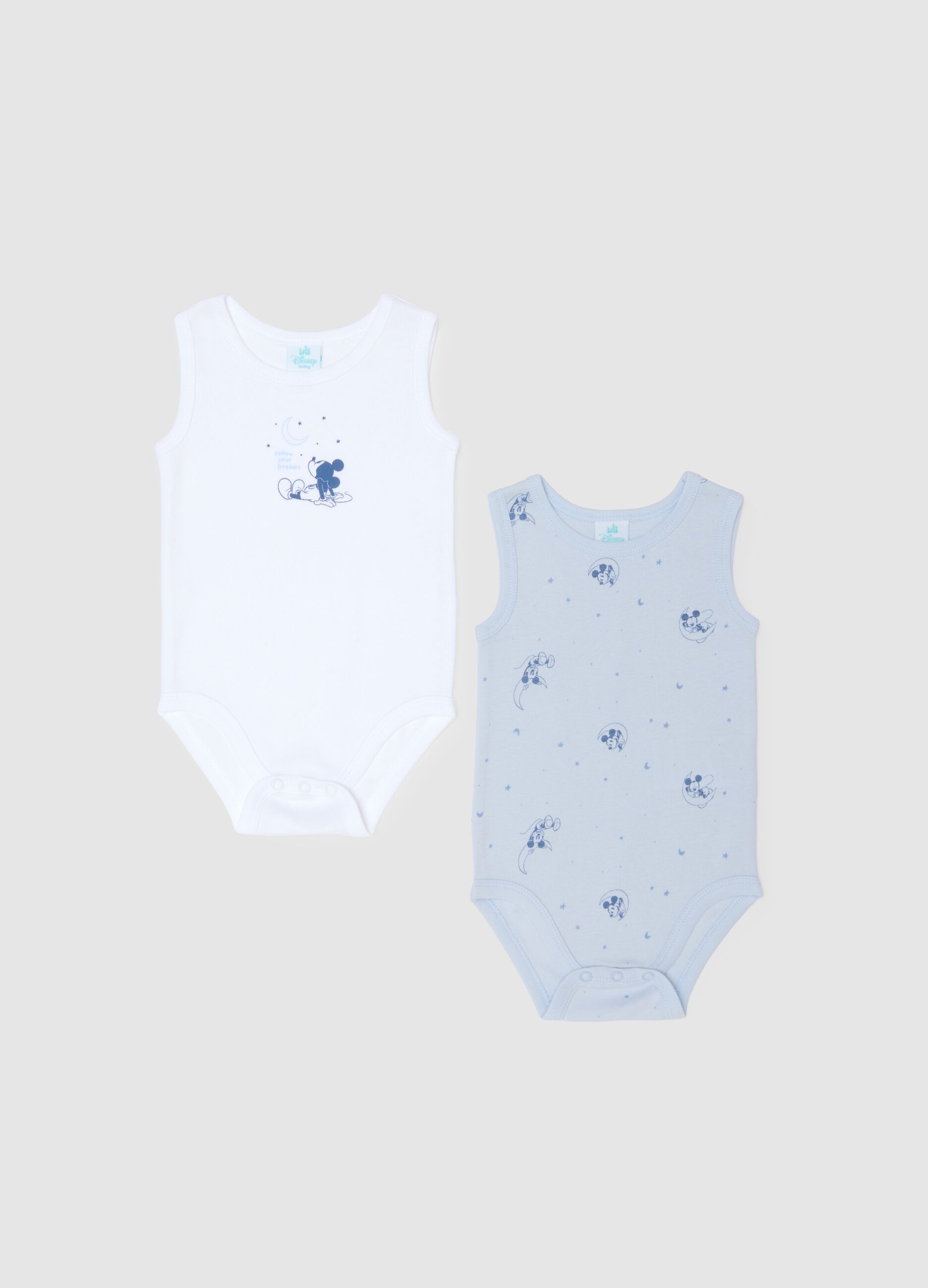 Pack duplo de bodys de beb&eacute; em algod&atilde;o puro multicolor com estampados do Mickey Mouse