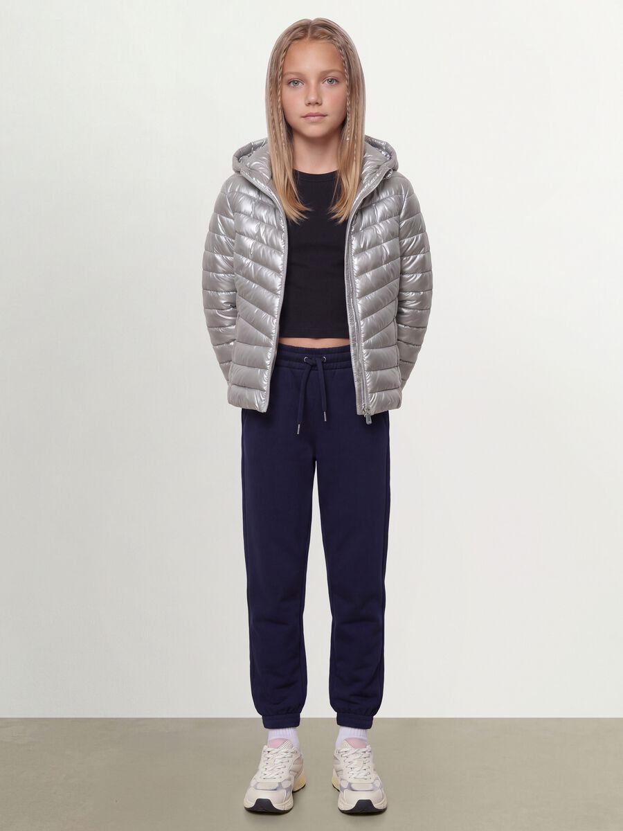 Grey ultralight padded jacket with hood and zip for girls_1