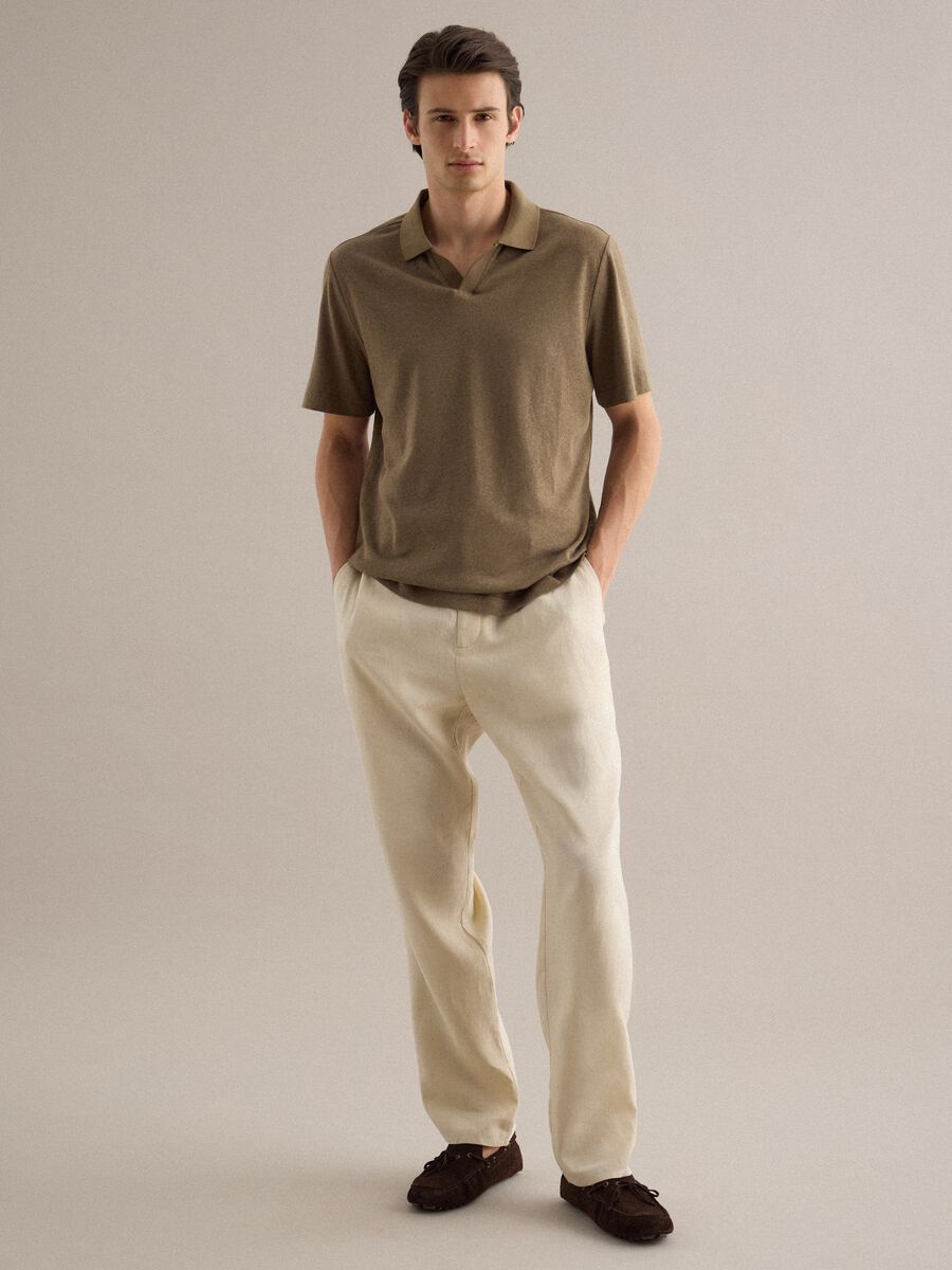 Brown regular fit linen and cotton blend polo_2