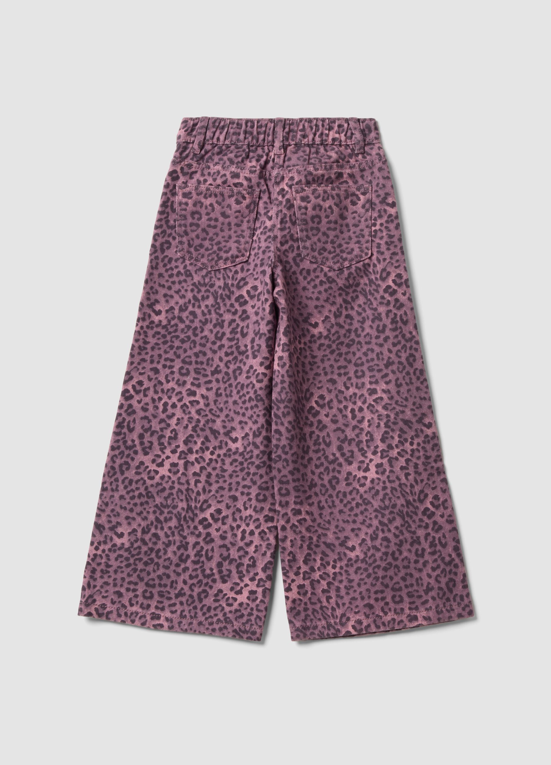 Pantaloni viola wide leg in puro cotone con fantasia animalier per bambina