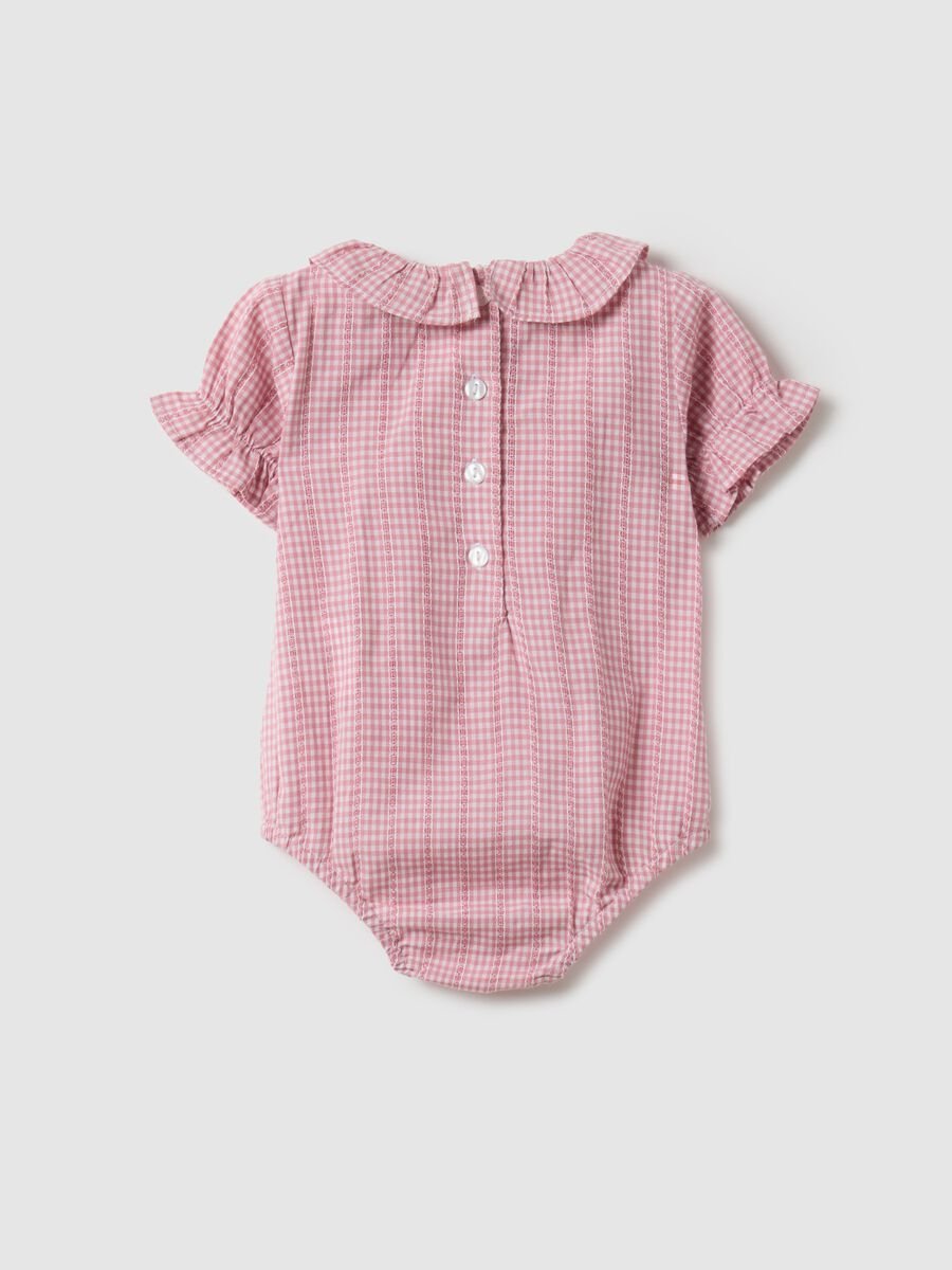 Multicoloured check cotton bodysuit for baby girls with ruffle collar_1