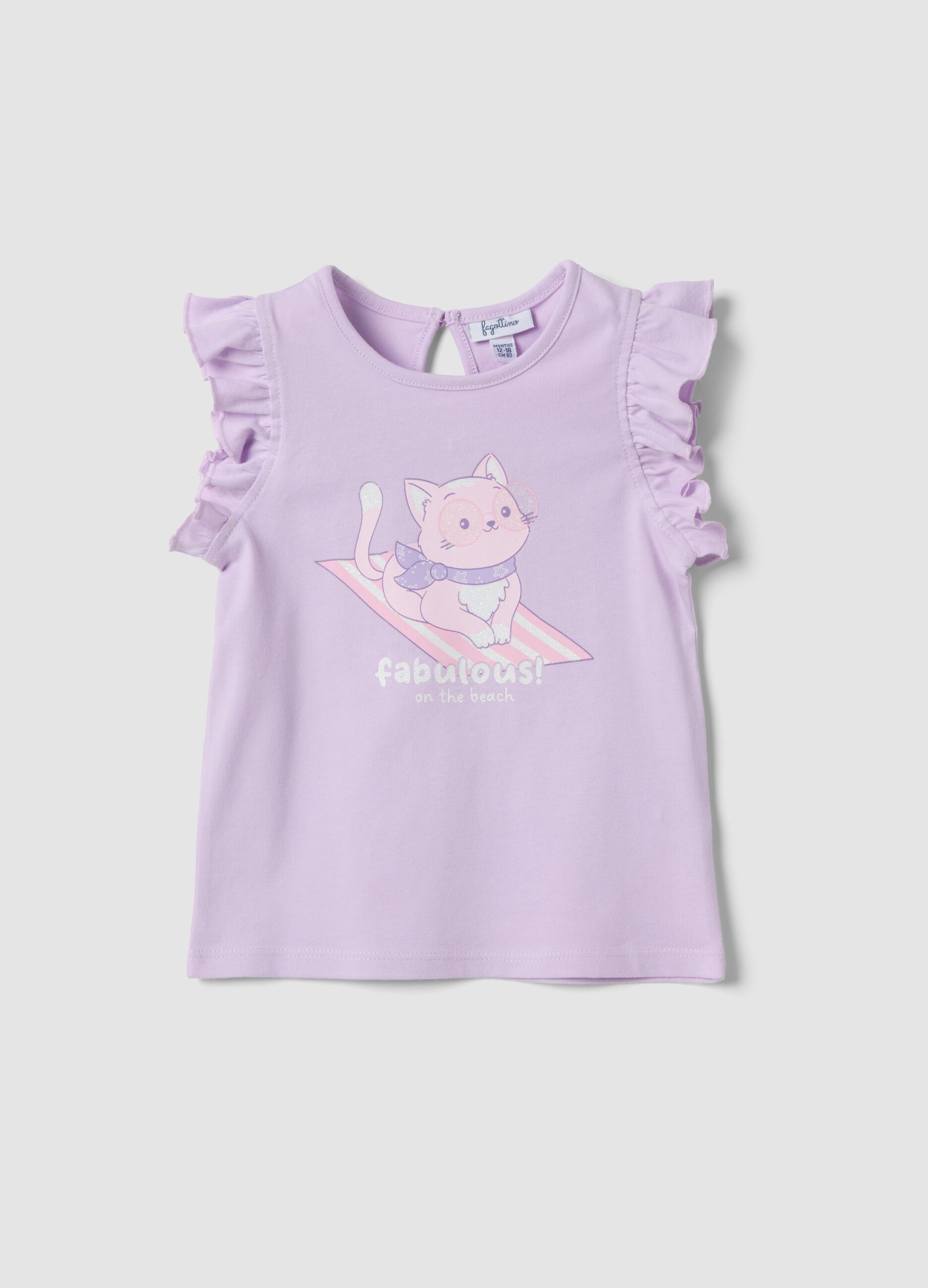 Lila M&auml;dchen-Tanktop aus reiner Bio-Baumwolle mit Print und R&uuml;schen