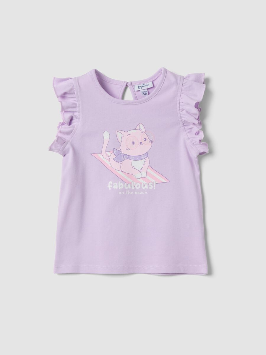 Lila M&auml;dchen-Tanktop aus reiner Bio-Baumwolle mit Print und R&uuml;schen_0