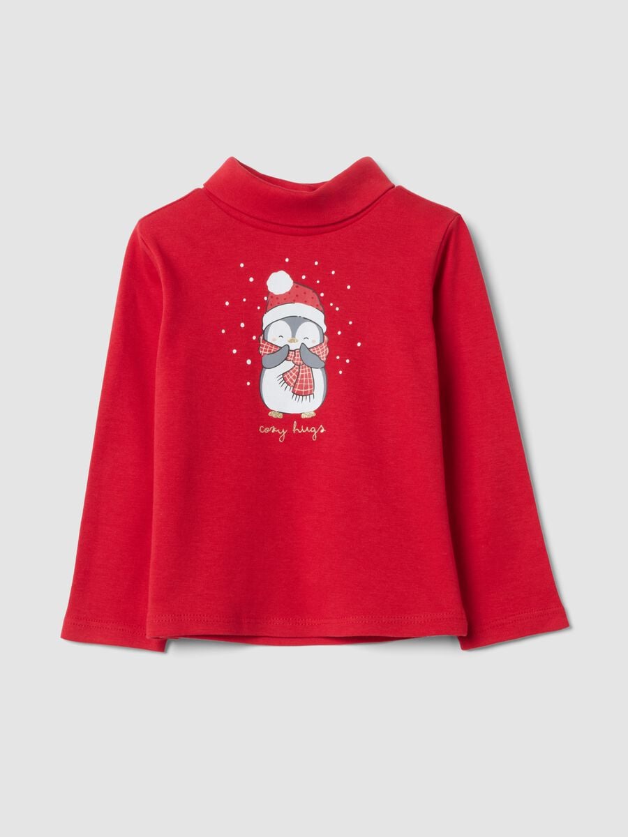 Red pure cotton T-shirt with penguin print_0
