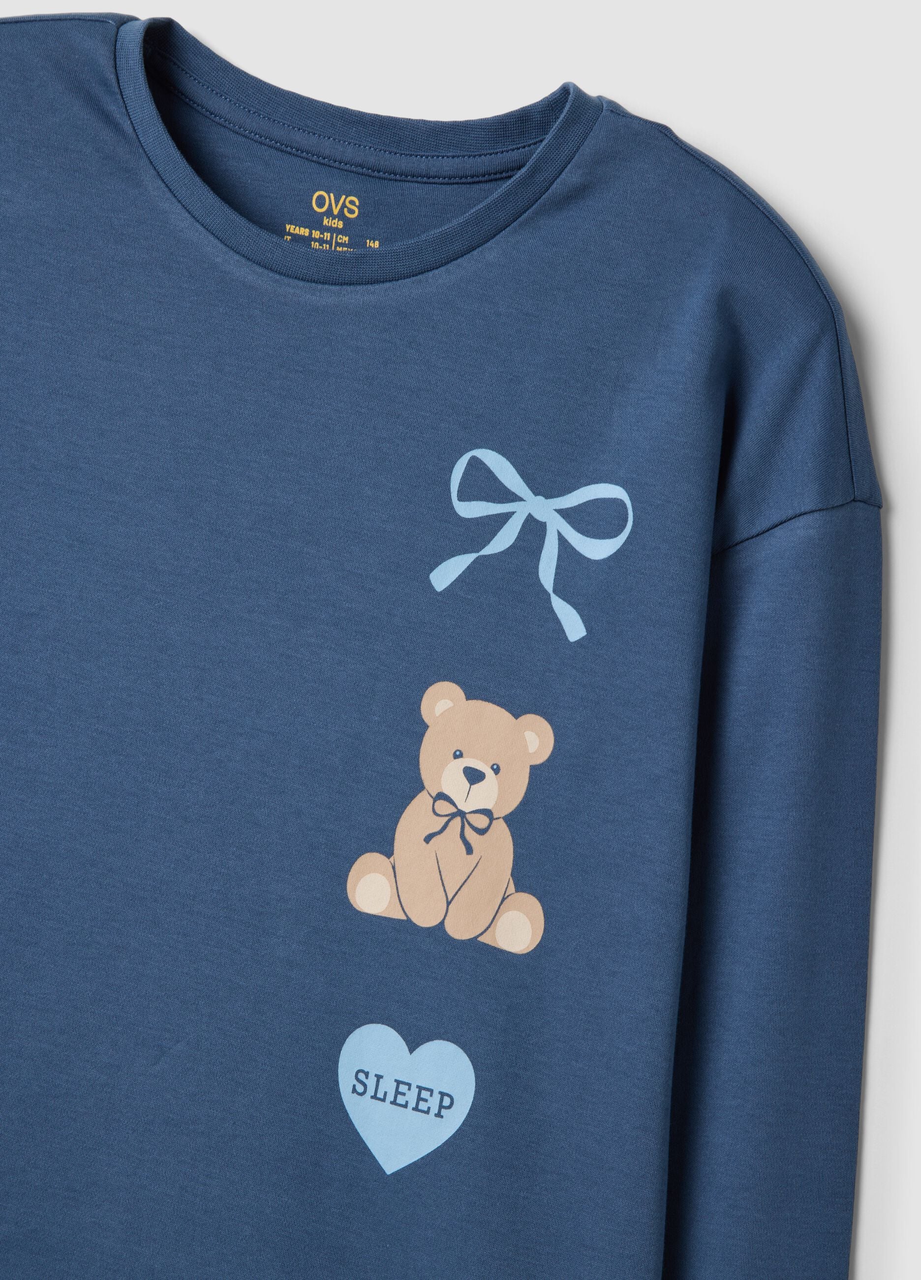 Blauer Pyjama aus reiner Bio-Baumwolle mit Teddyb&auml;r f&uuml;r M&auml;dchen