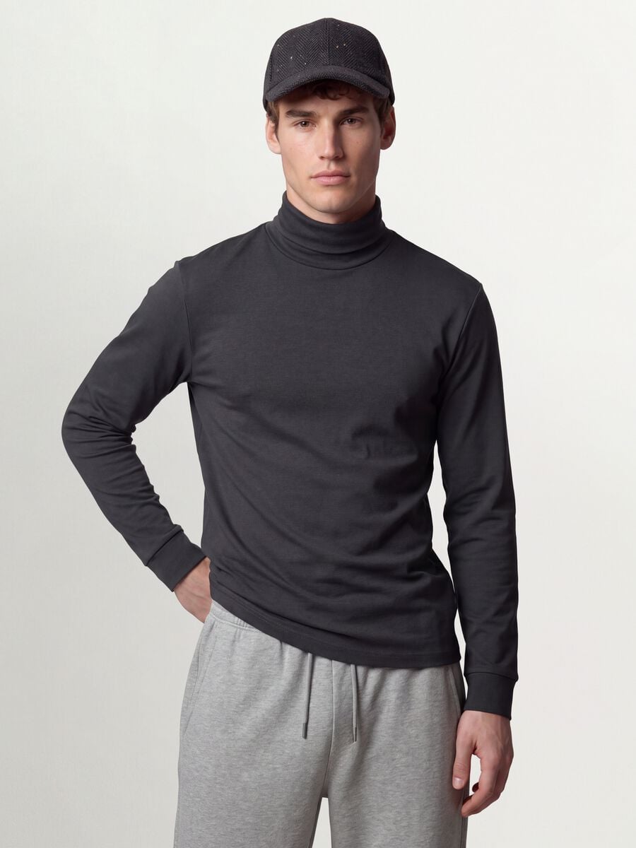 Grey pure cotton roll-neck T-shirt_0
