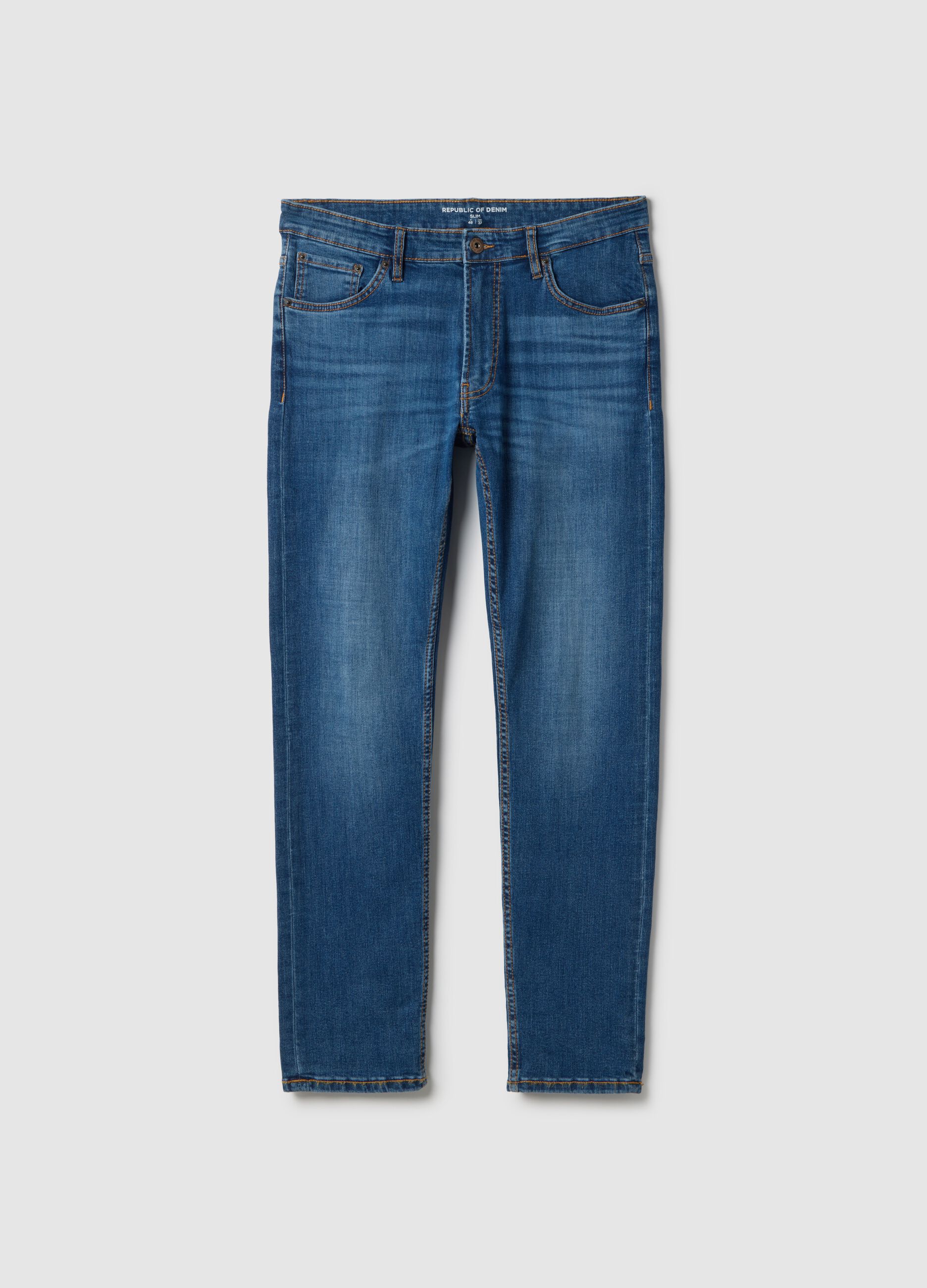 Vaqueros azul slim fit de algod&oacute;n el&aacute;stico con cinco bolsillos