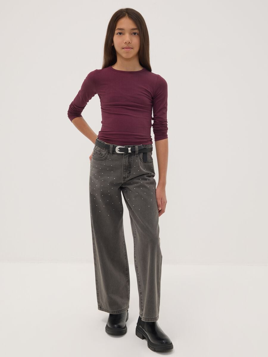 Grey wide-leg pure cotton jeans with rhinestones_0