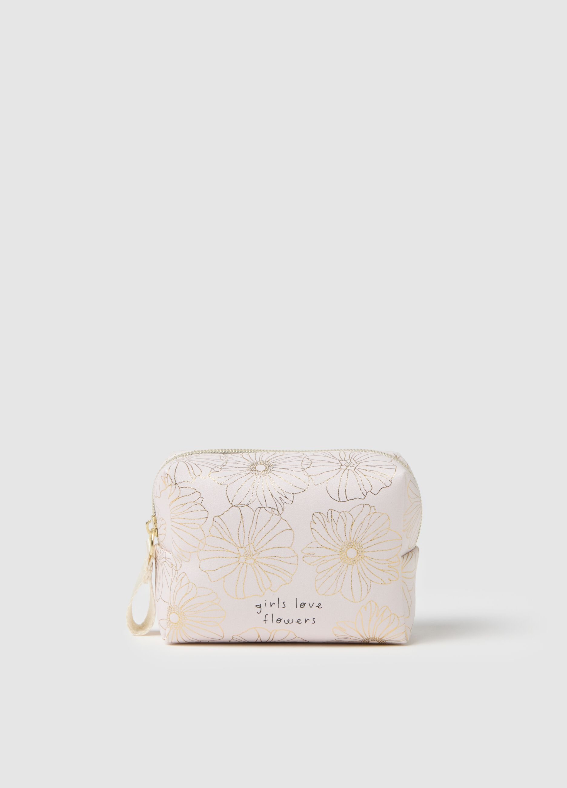 Necessaire branco com fecho e padr&atilde;o floral