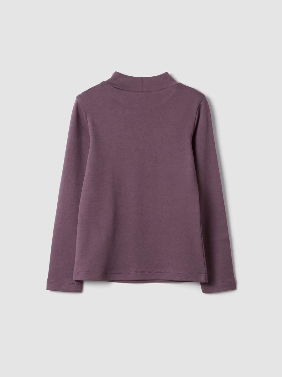 Purple organic cotton T-shirt with stand collar and animal print_1
