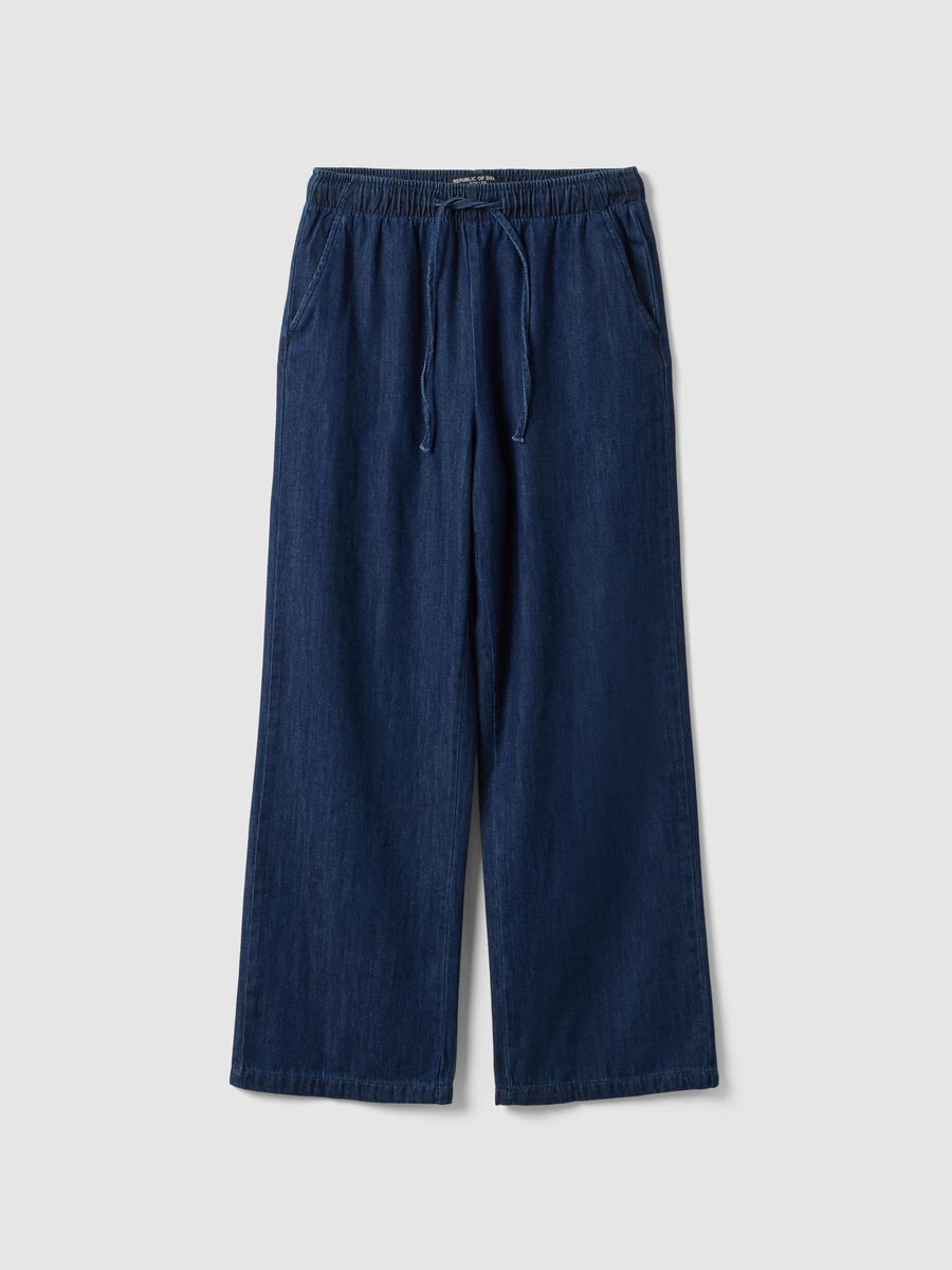 Wide-leg blue denim pure cotton trousers with elastic waist_4
