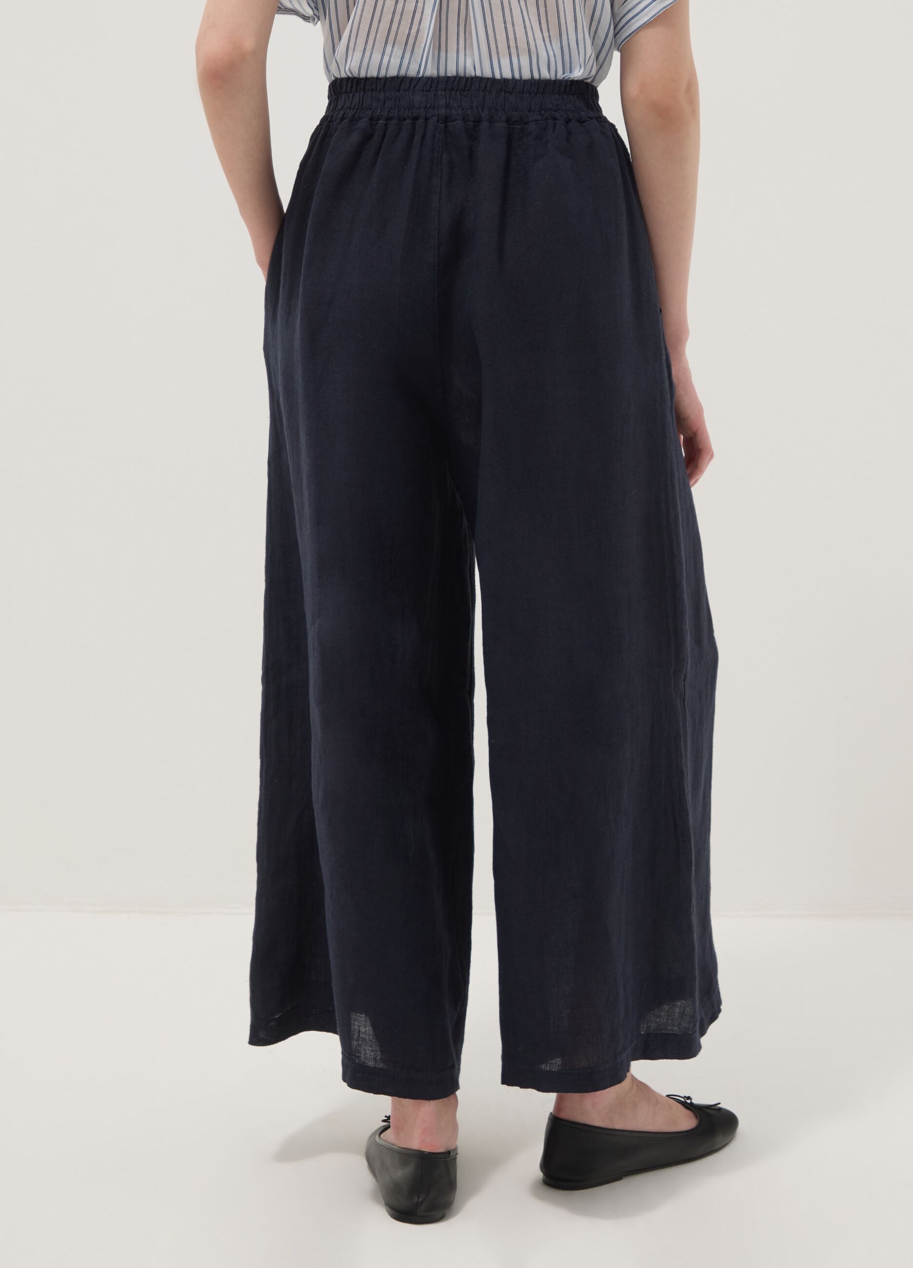 Blue pure linen wide-leg trousers, regular fit