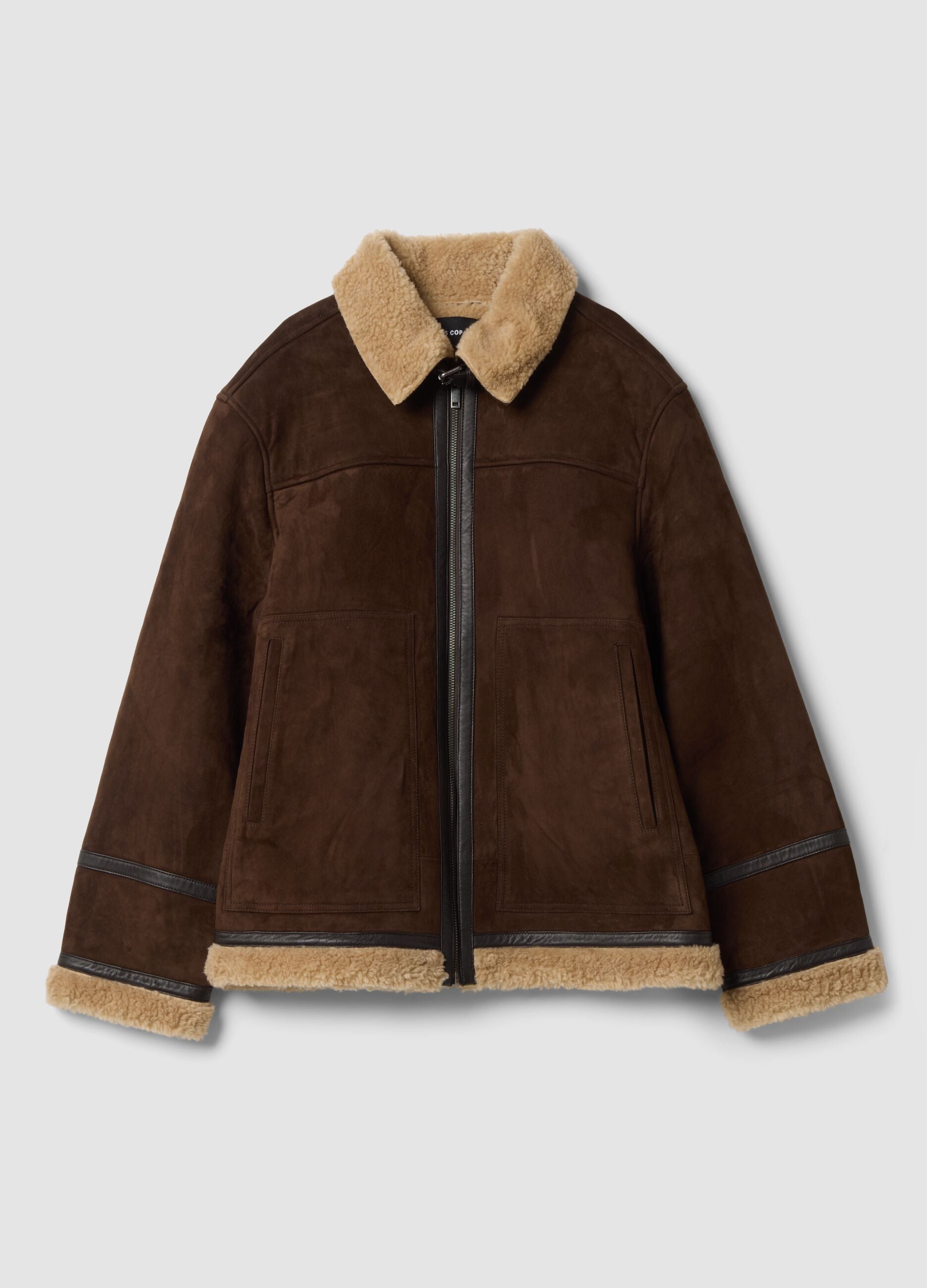 Dark brown genuine leather jacket with zip and contrast trims