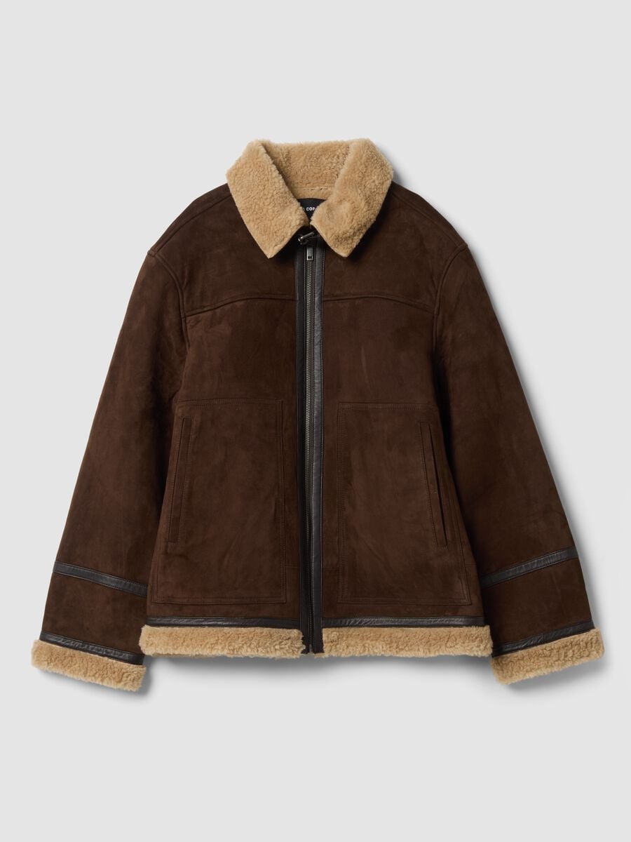 Dark brown genuine leather jacket with zip and contrast trims_0