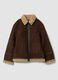 Dark brown genuine leather jacket with zip and contrast trims_0
