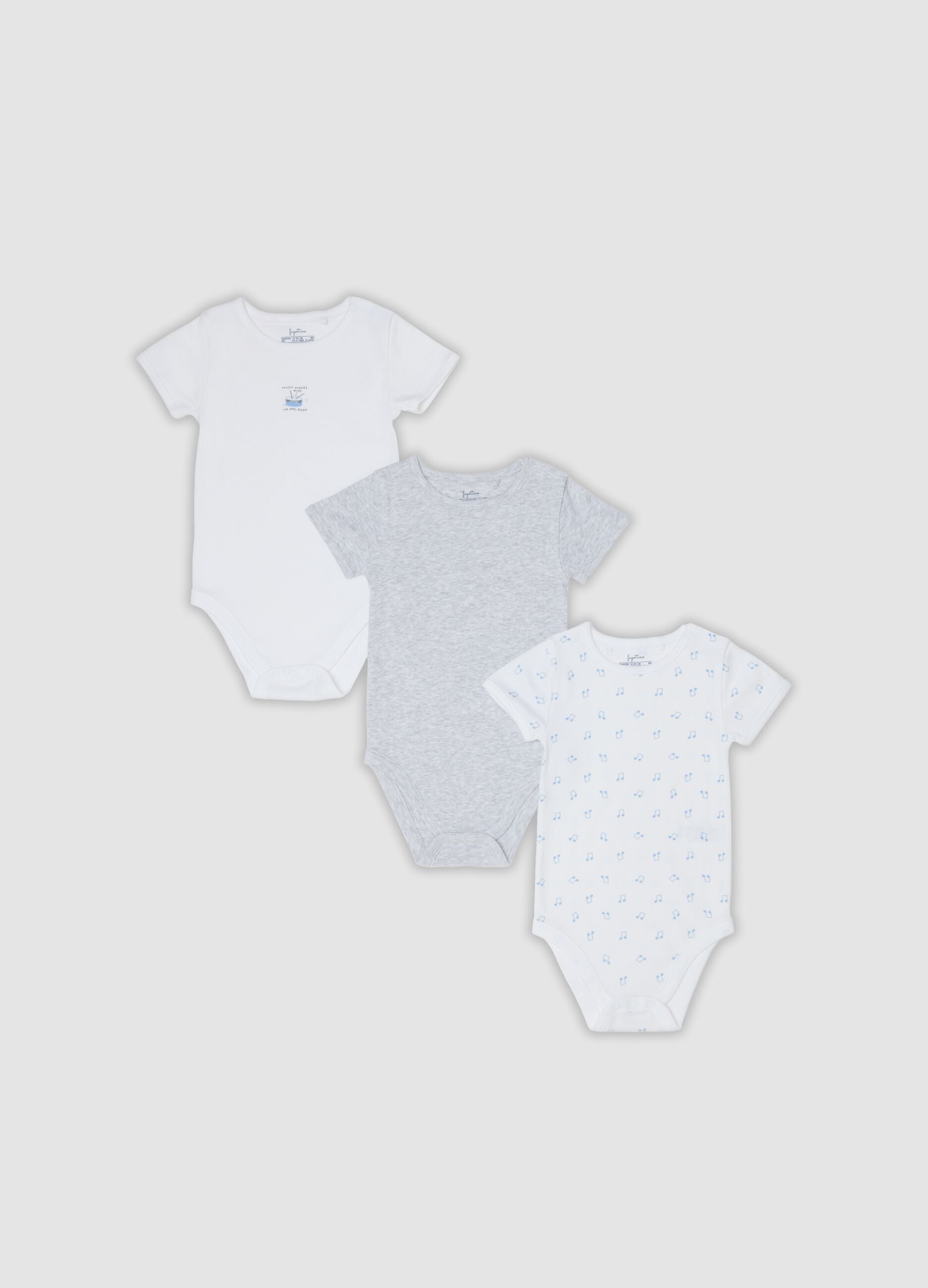 Tripack di body multicolor in puro cotone organico con stampa per neonati