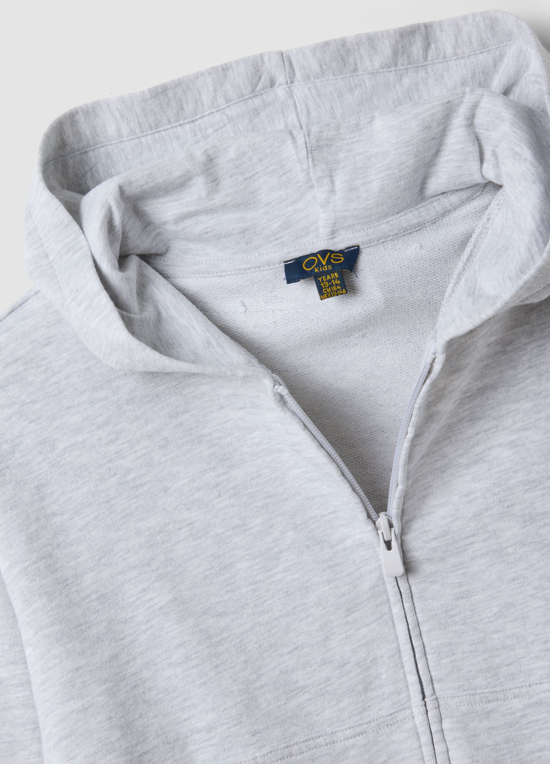 Girls&rsquo; short grey pure cotton hoodie with crew neck