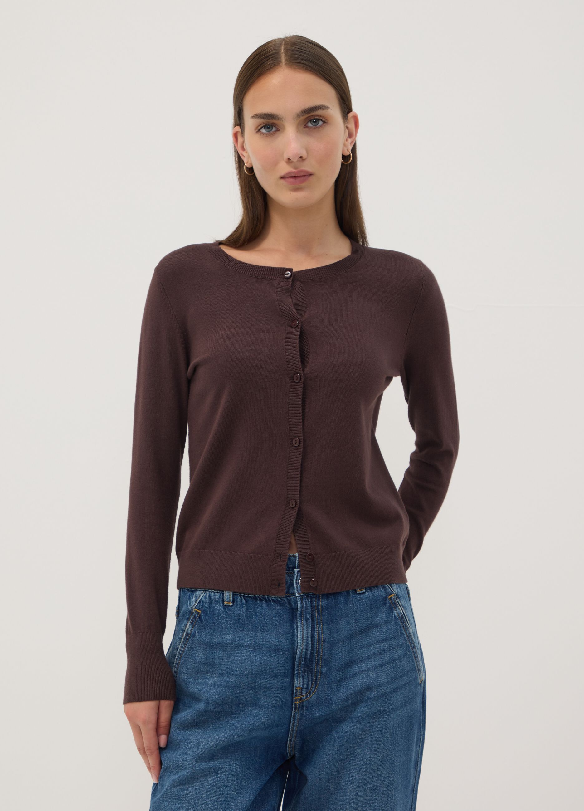 Brown viscose-blend crew-neck cardigan, regular fit