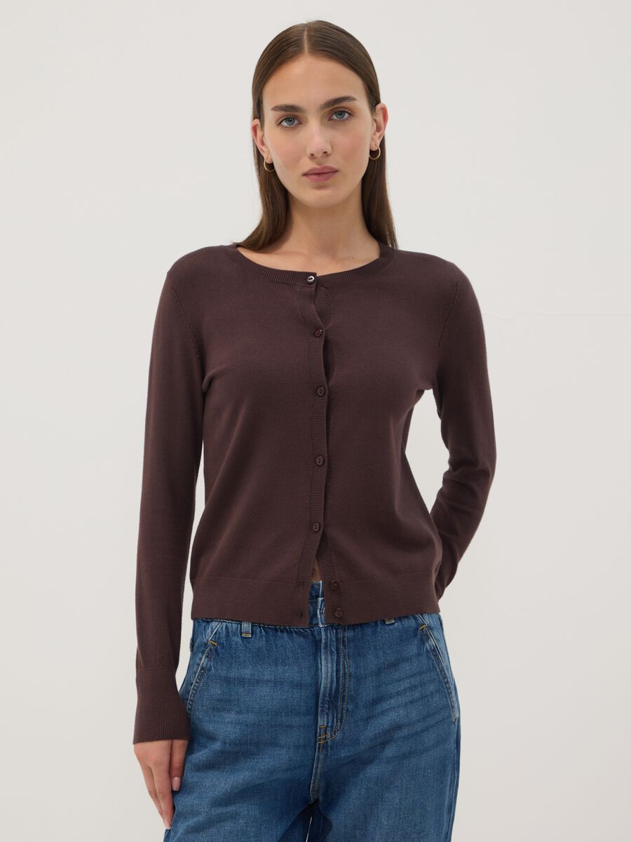 Brown viscose-blend crew-neck cardigan, regular fit_2