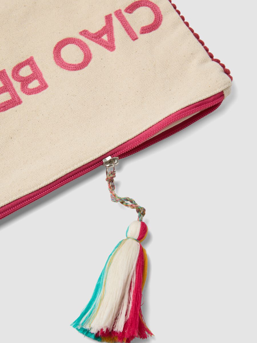 Beige pure cotton pouch with tassel and zip_2
