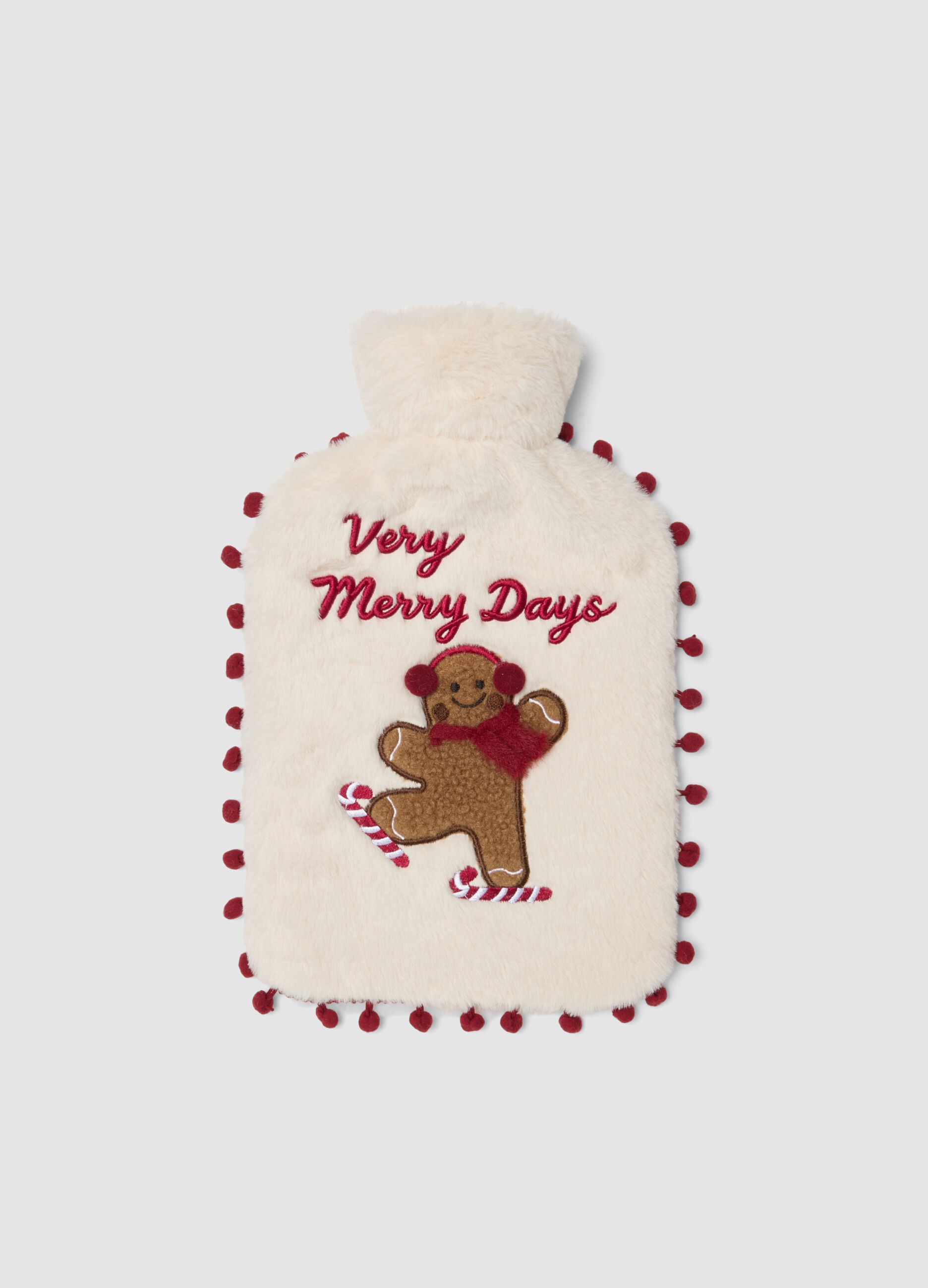 Soft white hot water bottle with Christmas embroidery