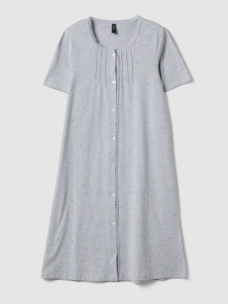 Grey organic cotton blend nightdress with buttons and embroidery_0