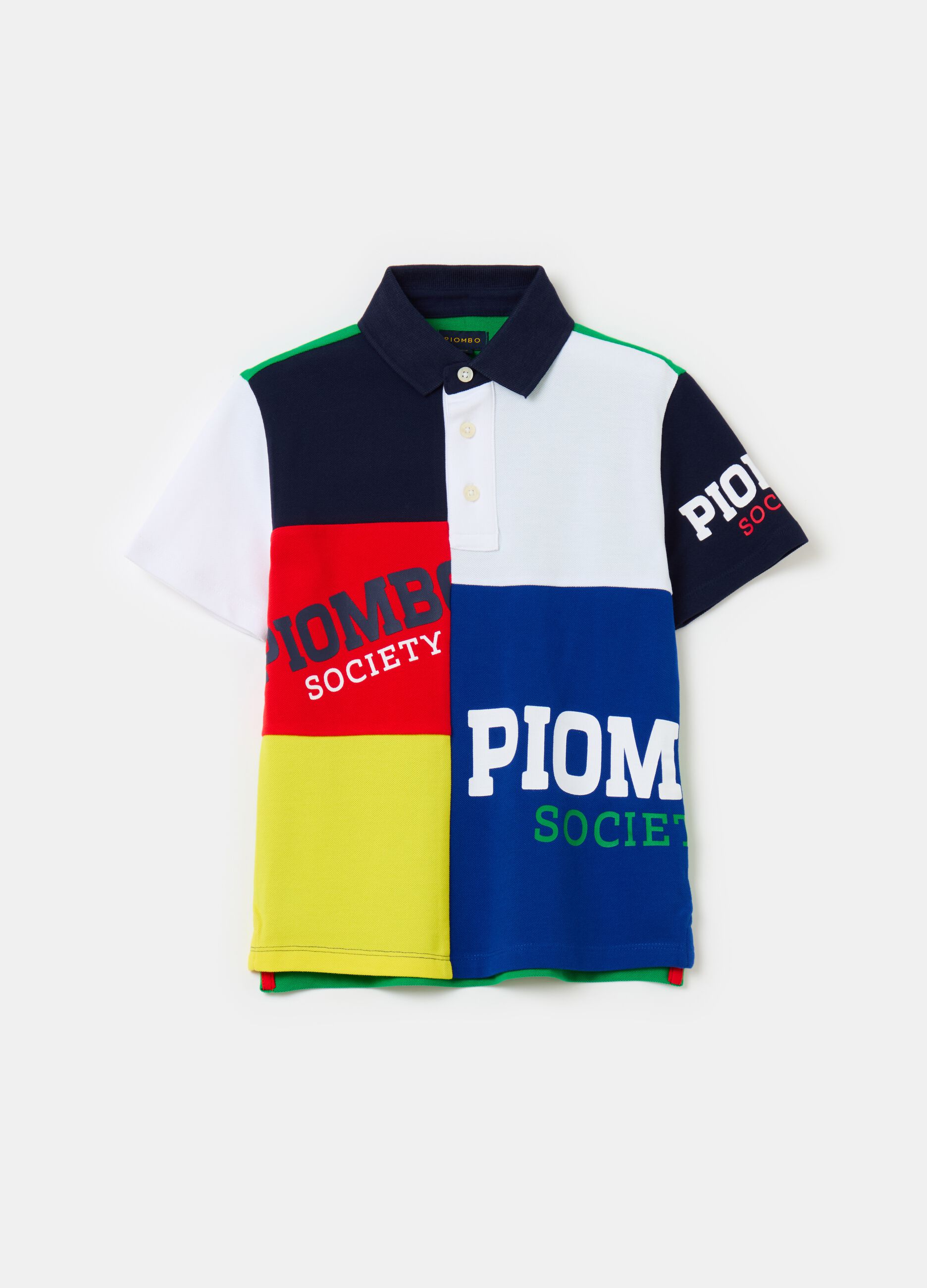 Colourblock cotton polo shirt with print
