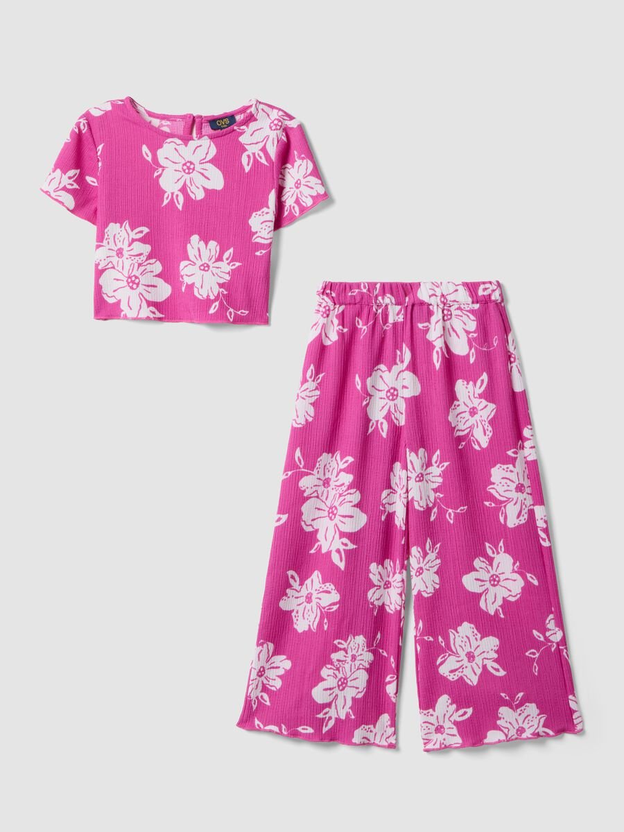 M&auml;dchen-Set aus rosafarbenem Stretchstoff mit Blumenmuster_0