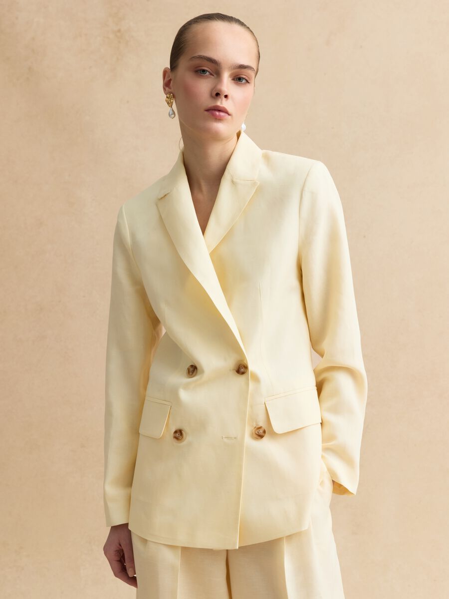 Beige double-breasted Lyocell and linen blazer, regular fit_0