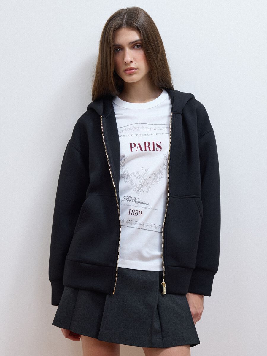 Black stretch viscose full-zip hoodie, oversized fit_0