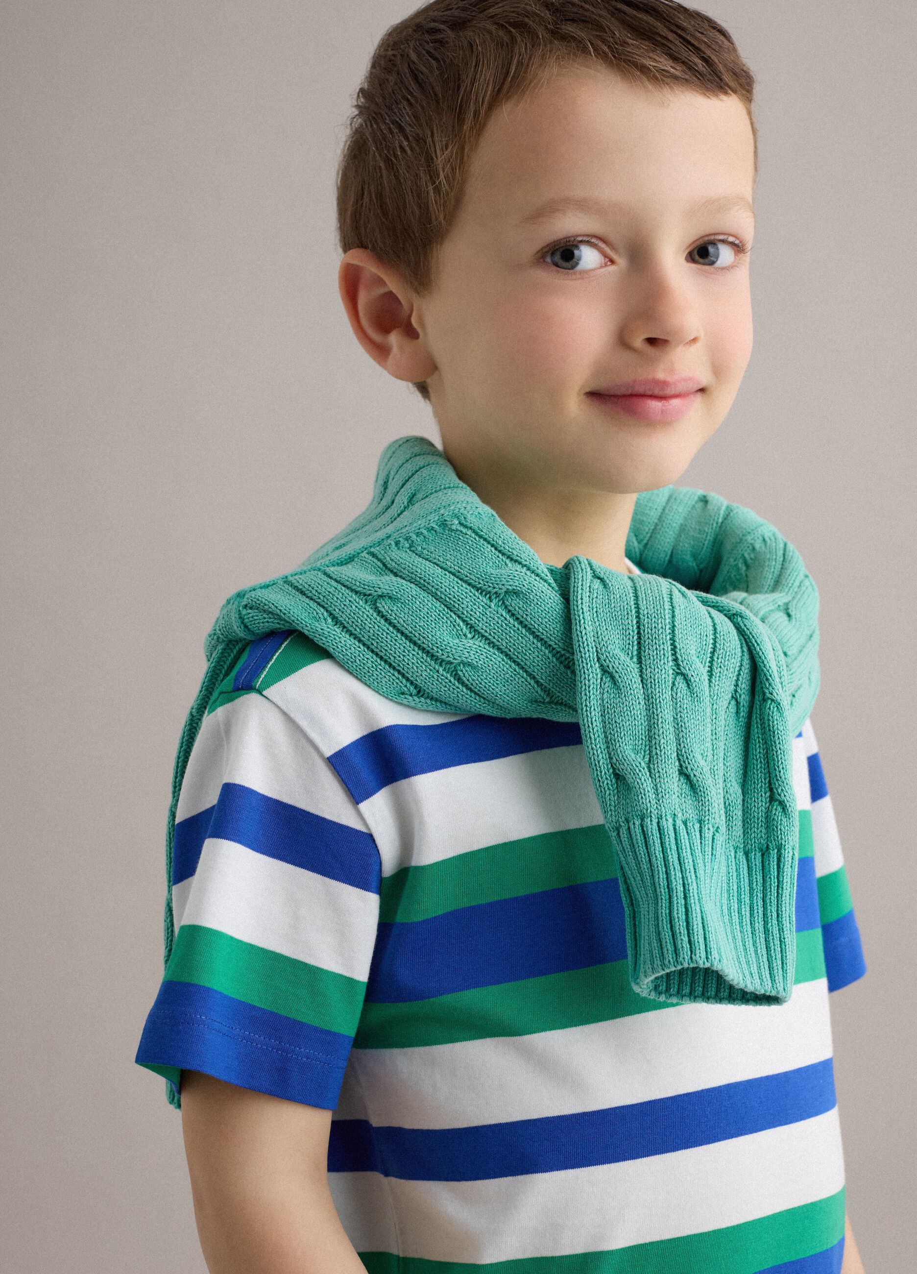 Boys&rsquo; pure cotton multicolour striped T-shirt, regular fit