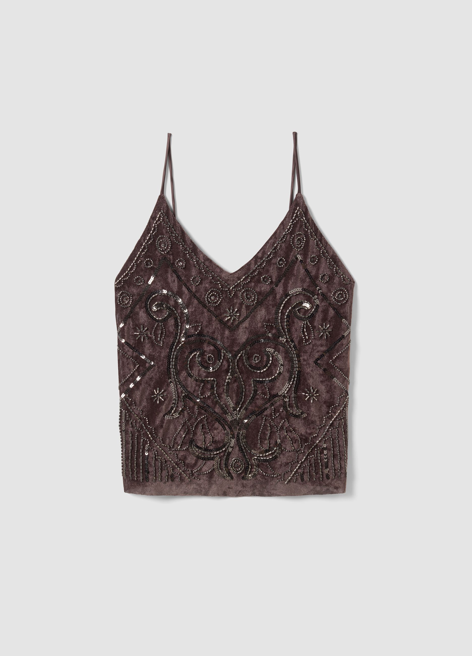 Braunes, figurbetontes Tanktop aus Stretchstoff mit Pailletten