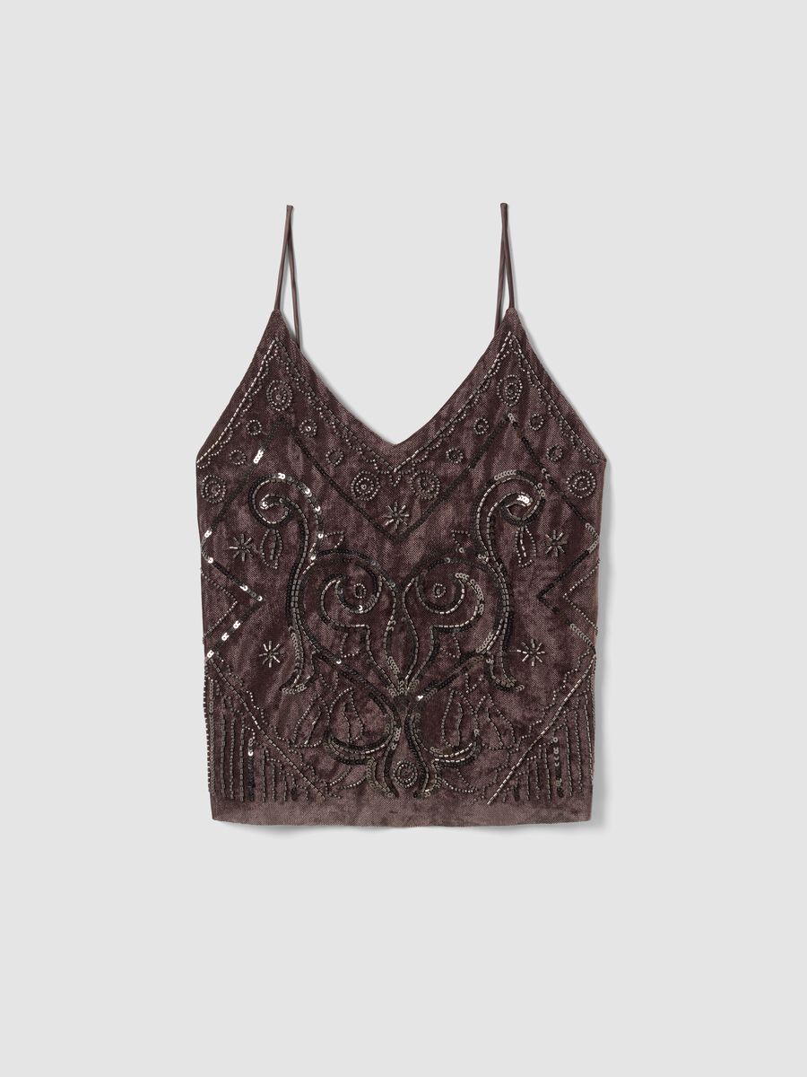 Braunes, figurbetontes Tanktop aus Stretchstoff mit Pailletten_4