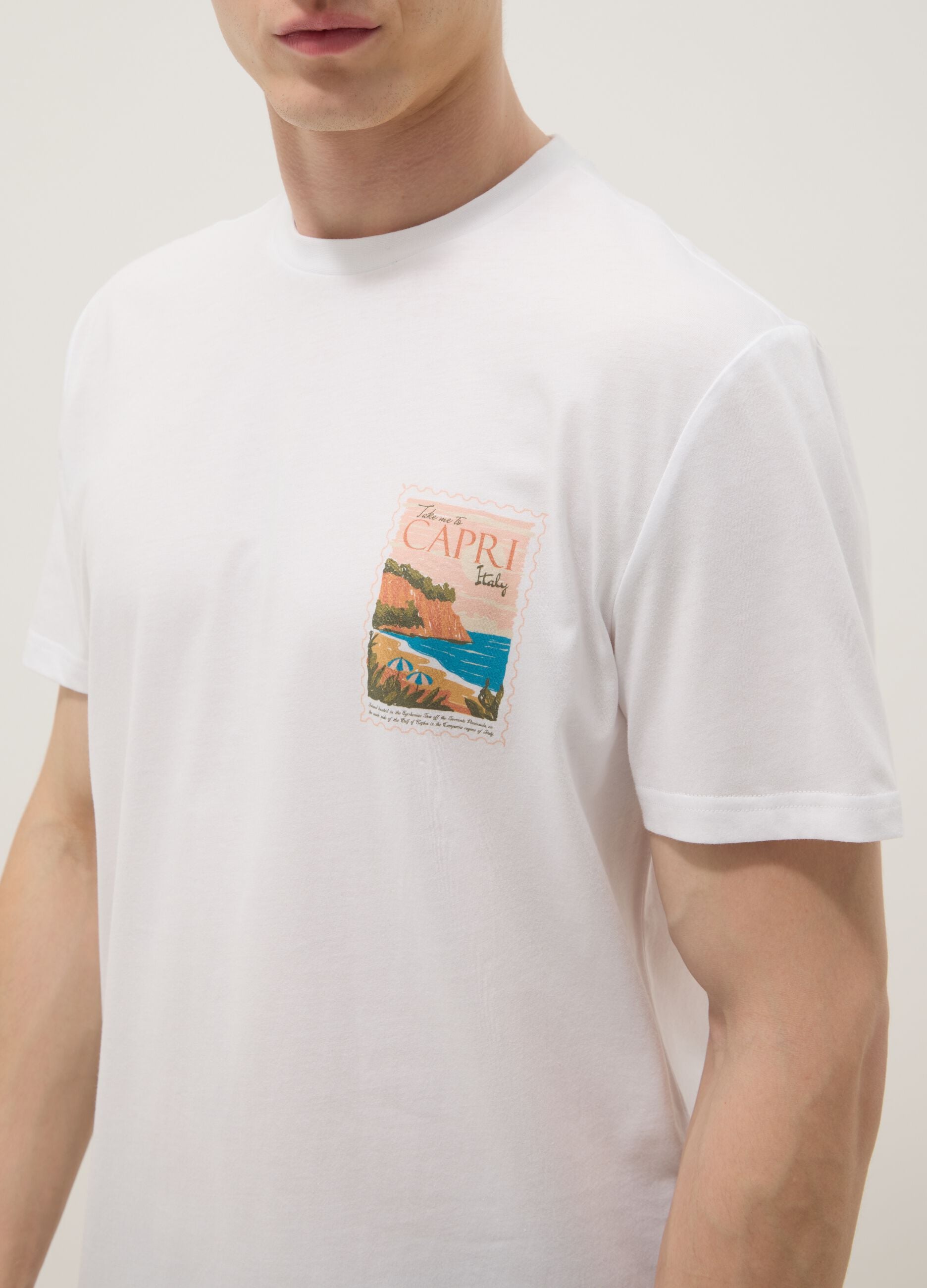 Wei&szlig;es T-Shirt aus reiner Baumwolle mit aufgesetztem Print, Regular Fit