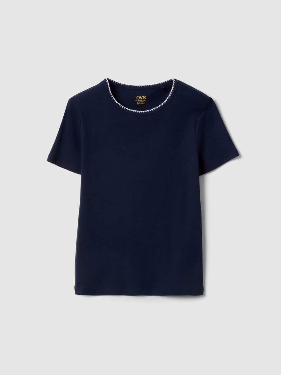 Blue pure cotton regular fit T-shirt with contrast stitching_0