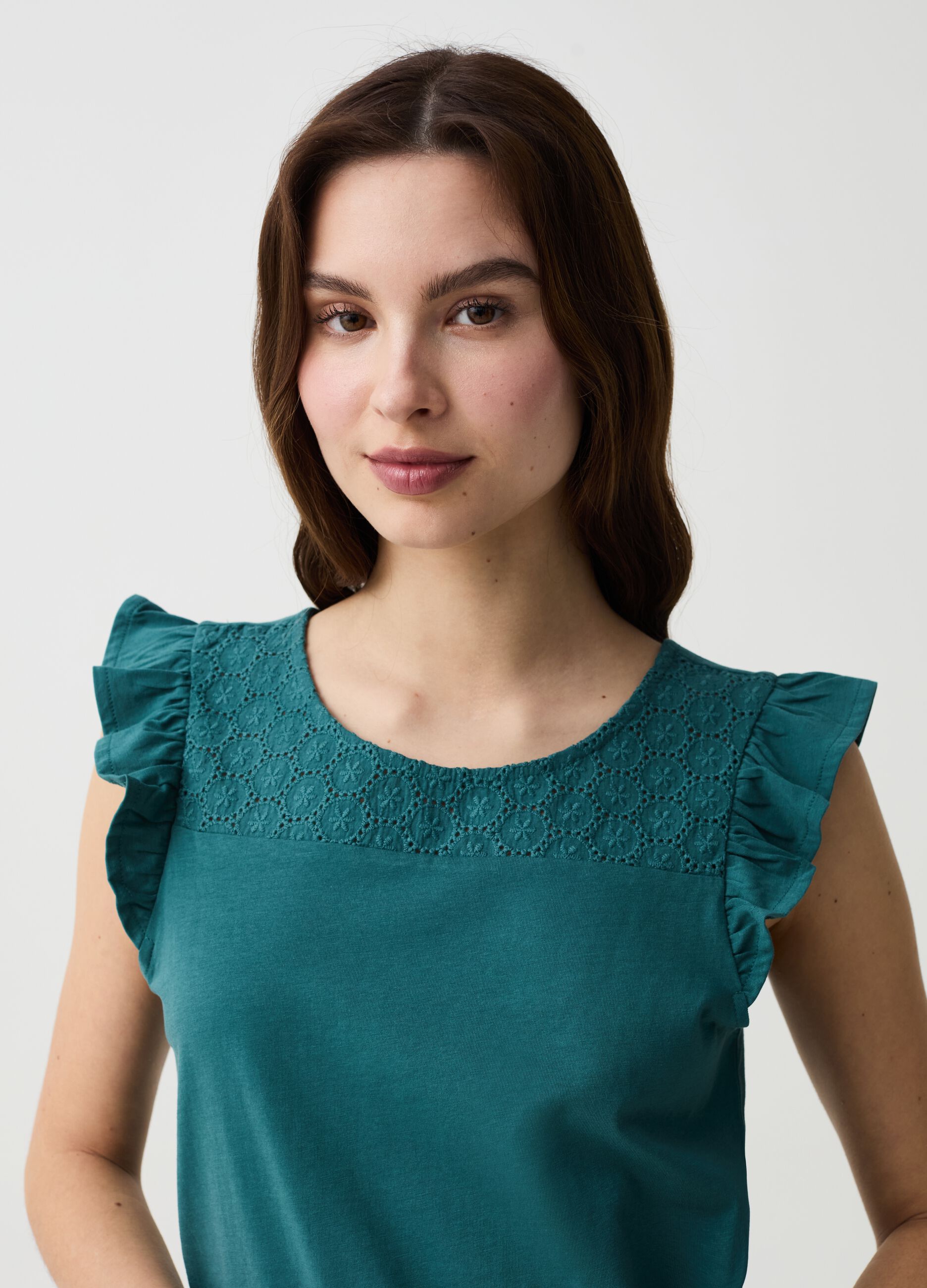 T-shirt with broderie anglaise insert and flounce