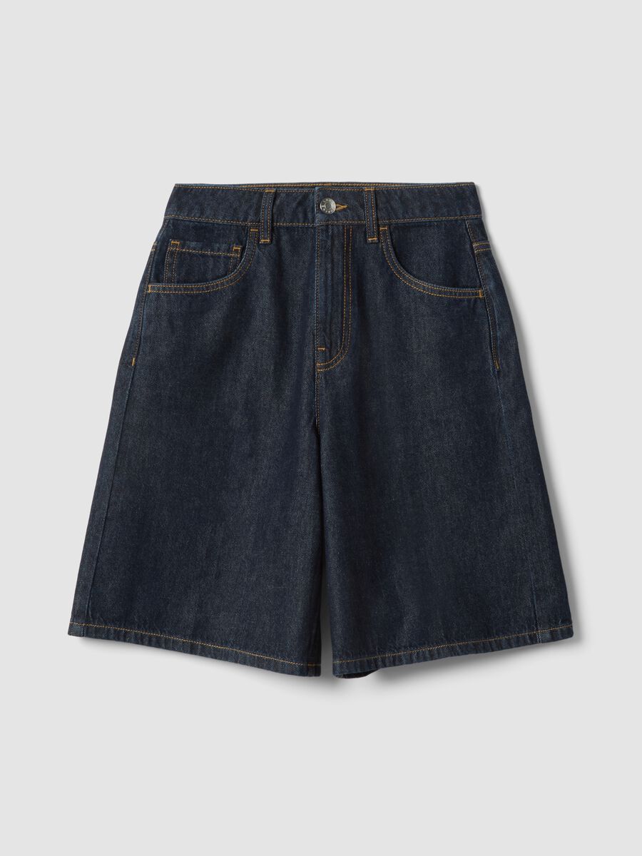 Shorts de perna larga em denim azul de algod&atilde;o puro_0
